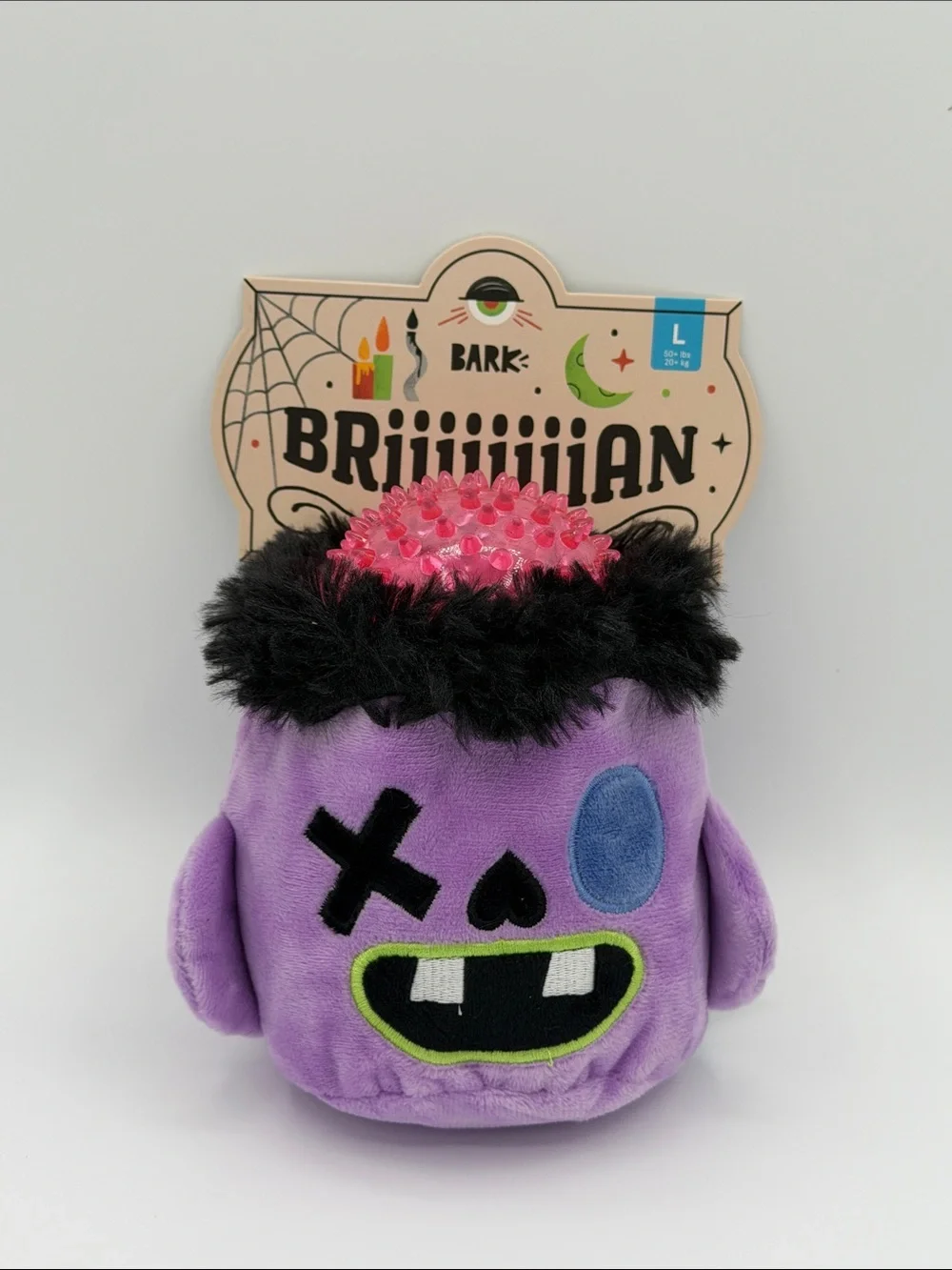 Bark BRiiiiiian Purple Plush Dog Toy with Pink Spike Top and Black Fuzzy Trim